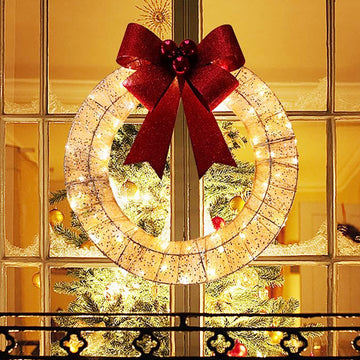 50CM LED Christmas Wreath – Luminous Metal Garland with Bow