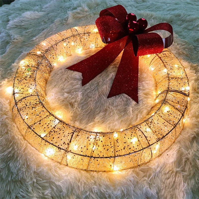 50CM LED Christmas Wreath – Luminous Metal Garland with Bow