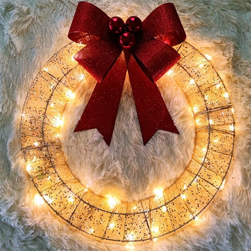 50CM LED Christmas Wreath – Luminous Metal Garland with Bow